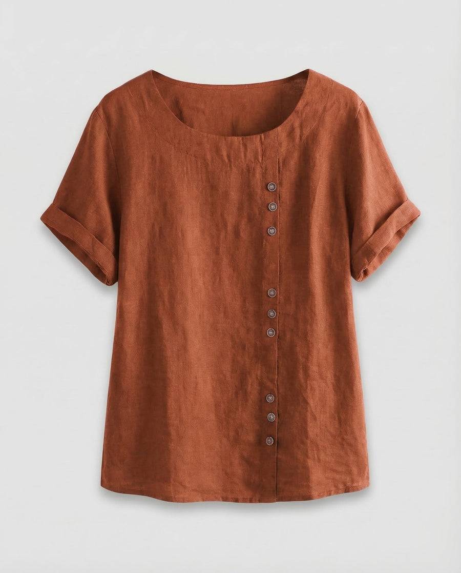 Alessia Linen Blouse with Button Front in Brown