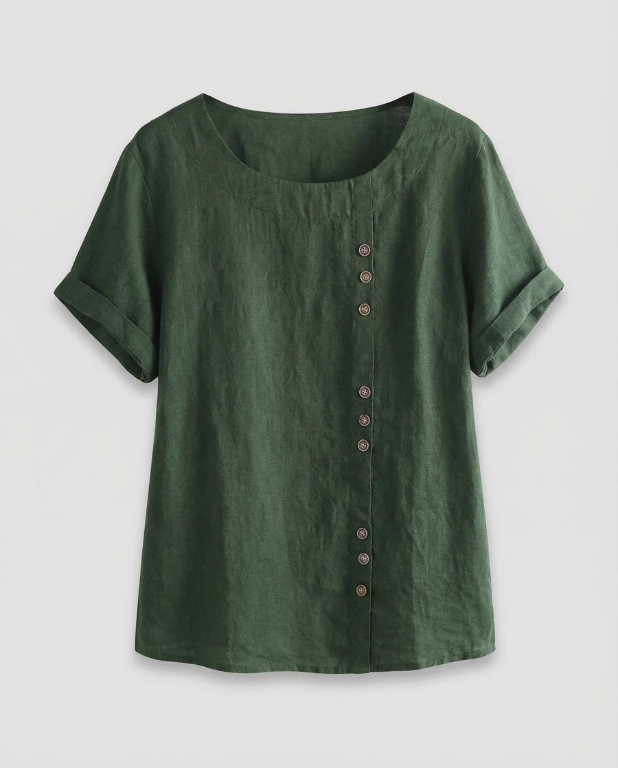 Alessia Linen Blouse with Button Front in Green