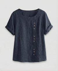 Alessia Linen Blouse with Button Front in Navy
