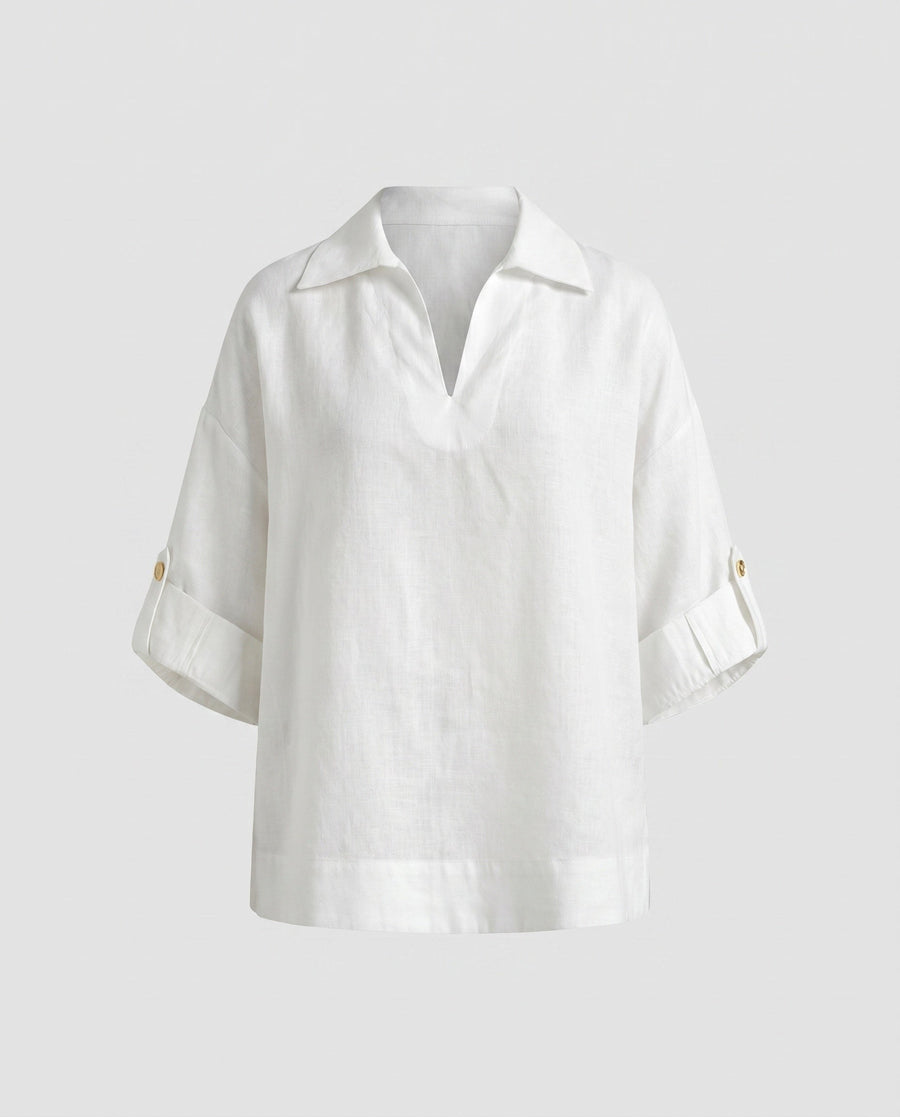 Althea Casual Linen Blouse with V-Neck in White