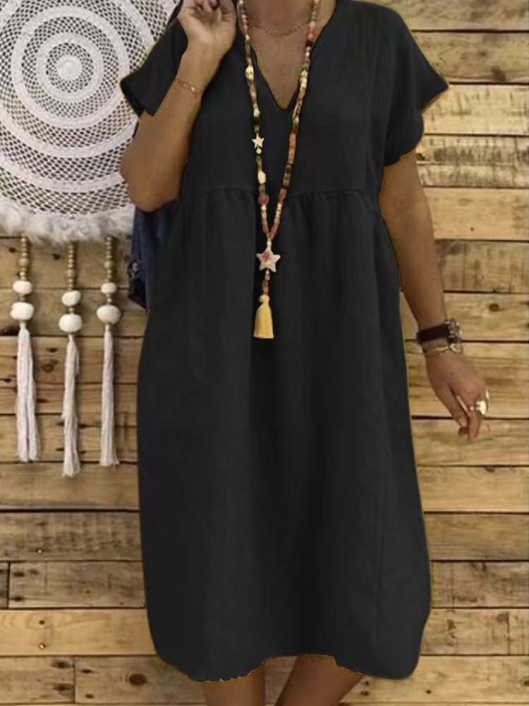 Althea Linen Maxi Dress with V-Neck and Ruffles in Black