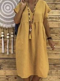 Althea Linen Maxi Dress with V-Neck and Ruffles in Ingwer