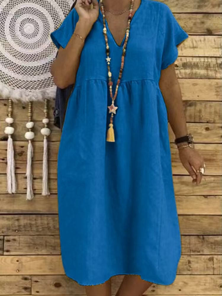 Althea Linen Maxi Dress with V-Neck and Ruffles in Navy