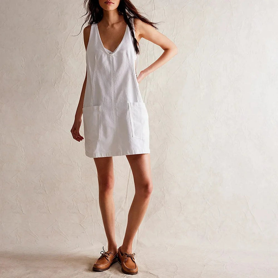 Amara Denim Overall Dress in Pearl