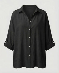 Amara Linen Blouse with Stand Collar in Black