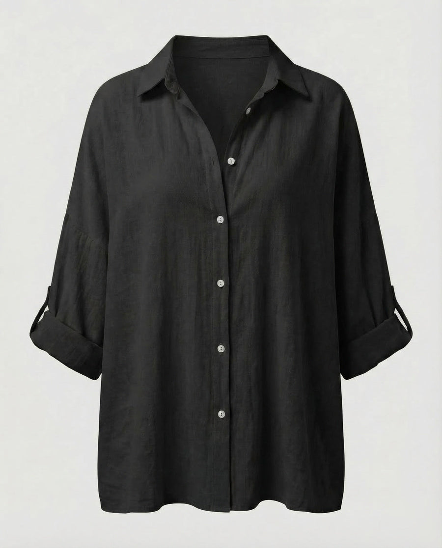 Amara Linen Blouse with Stand Collar in Black