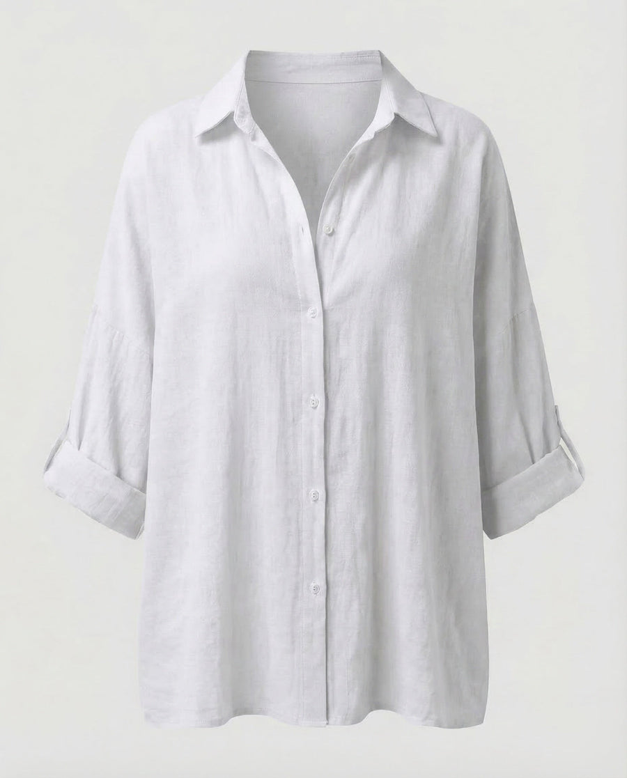 Amara Linen Blouse with Stand Collar in White