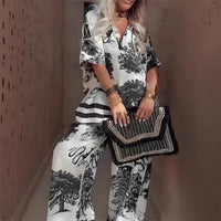 Amber™ Printed V-Neck Top & Long Pants Set in White