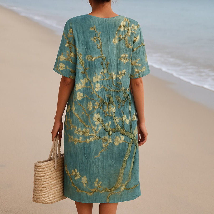 Amelia™ Floral Print Blue-Green Dress in Almond Blue