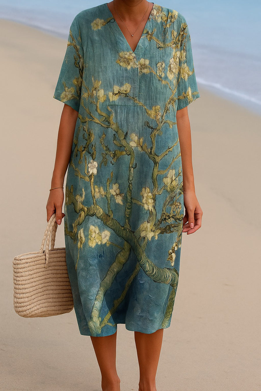 Amelia™ Floral Print Blue-Green Dress in Almond Blue