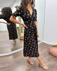 Amelia™ Polka Dots V-Neck Dress in Black