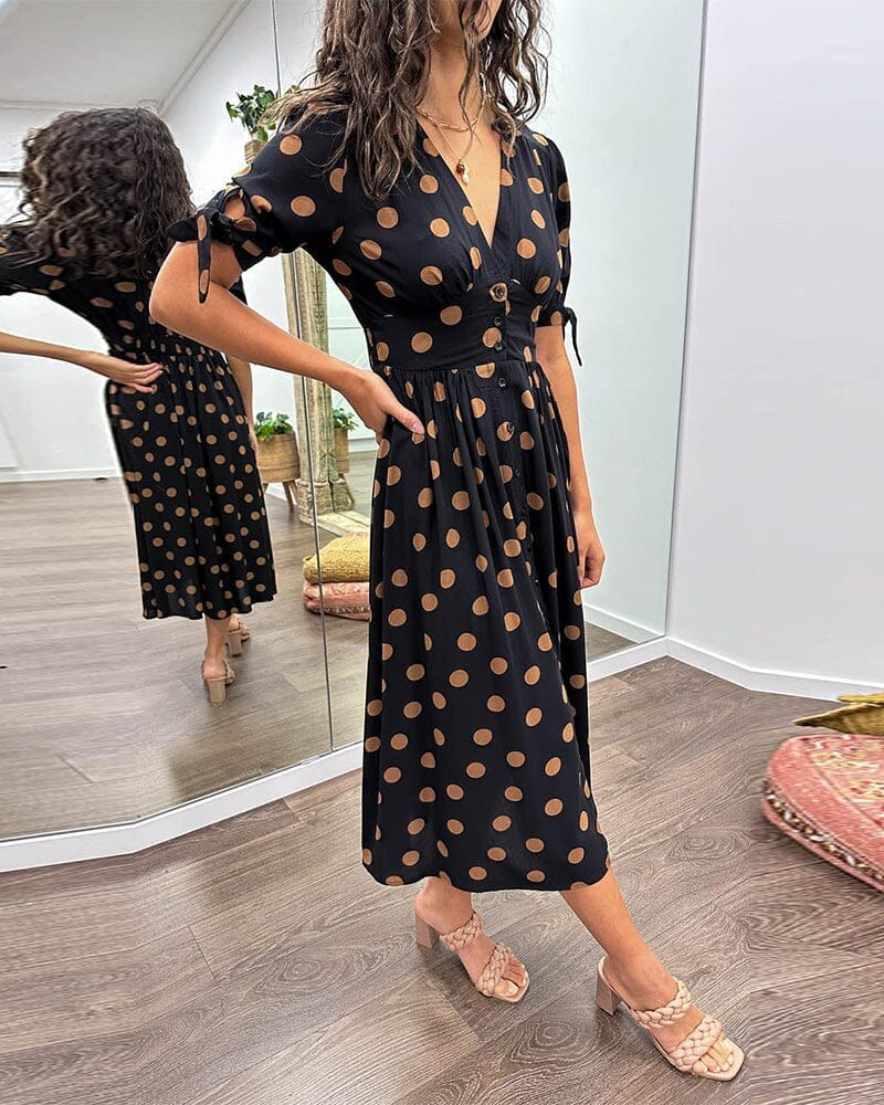 Amelia™ Polka Dots V-Neck Dress in Black