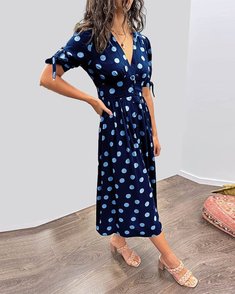 Amelia™ Polka Dots V-Neck Dress in Blue