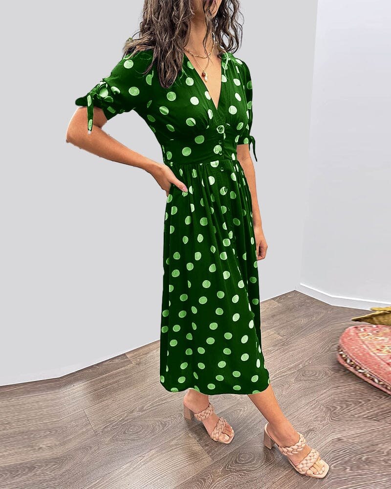 Amelia™ Polka Dots V-Neck Dress in Green