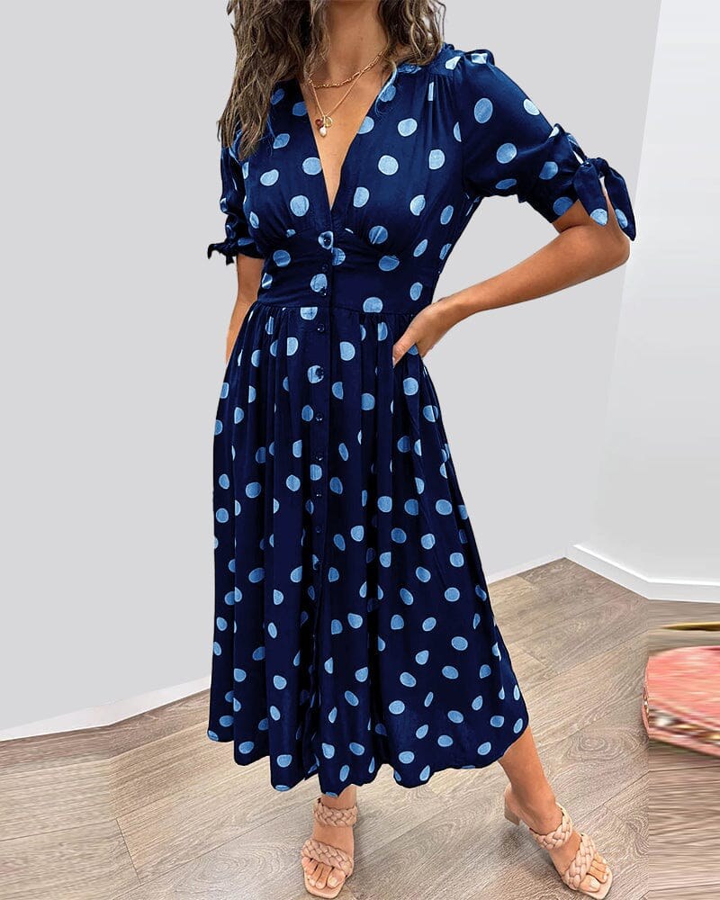 Amelia™ Polka Dots V-Neck Dress in Light Blue