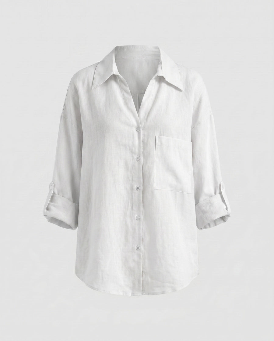 Amira Elegant Linen Blouse with Chest Pocket in White