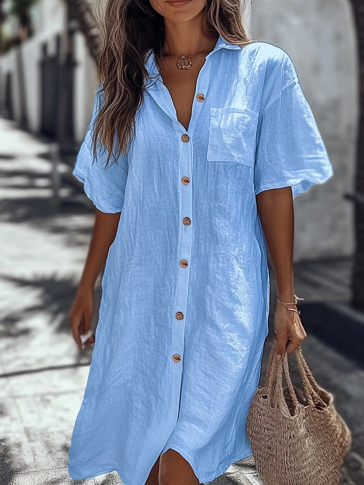 Amira Elegant Linen Maxi Dress in Sky Blue