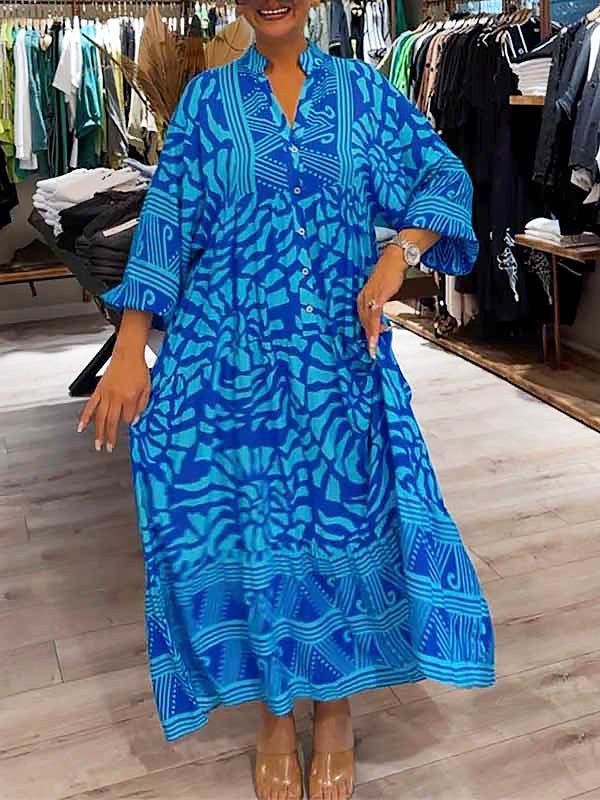 Amira Women's V-neck Printed Loose Dress in Blue