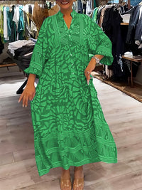 Amira Women's V-neck Printed Loose Dress in Green