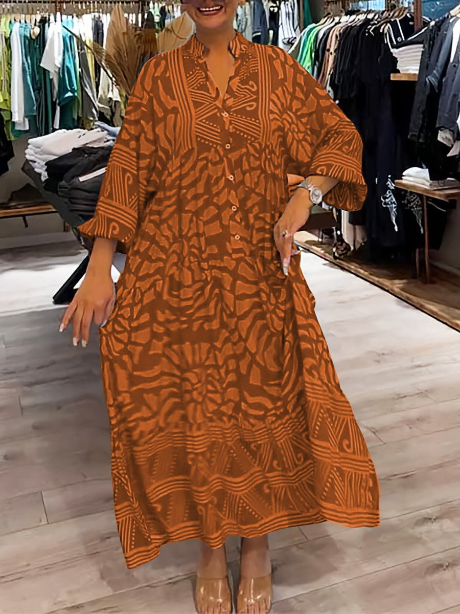 Amira Women's V-neck Printed Loose Dress in Orange