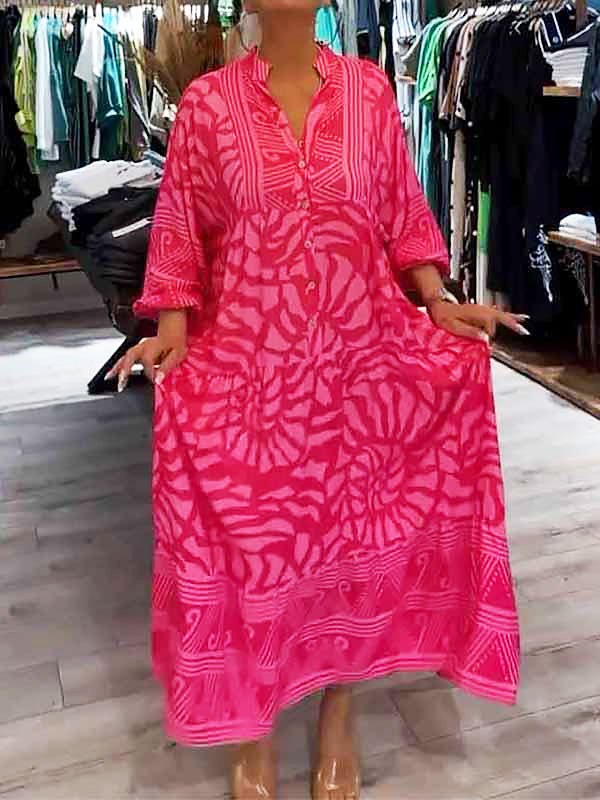 Amira Women's V-neck Printed Loose Dress in Pink