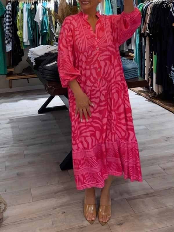 Amira Women's V-neck Printed Loose Dress in Pink
