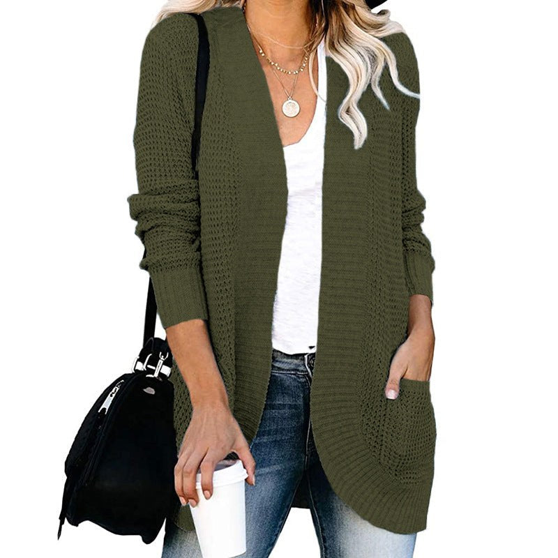 Anaya Casual Knit Cardigan with Pockets in Olive Green