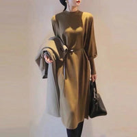 Anaya Elegant Dress with Long Sleeve and Belted in Olive Green