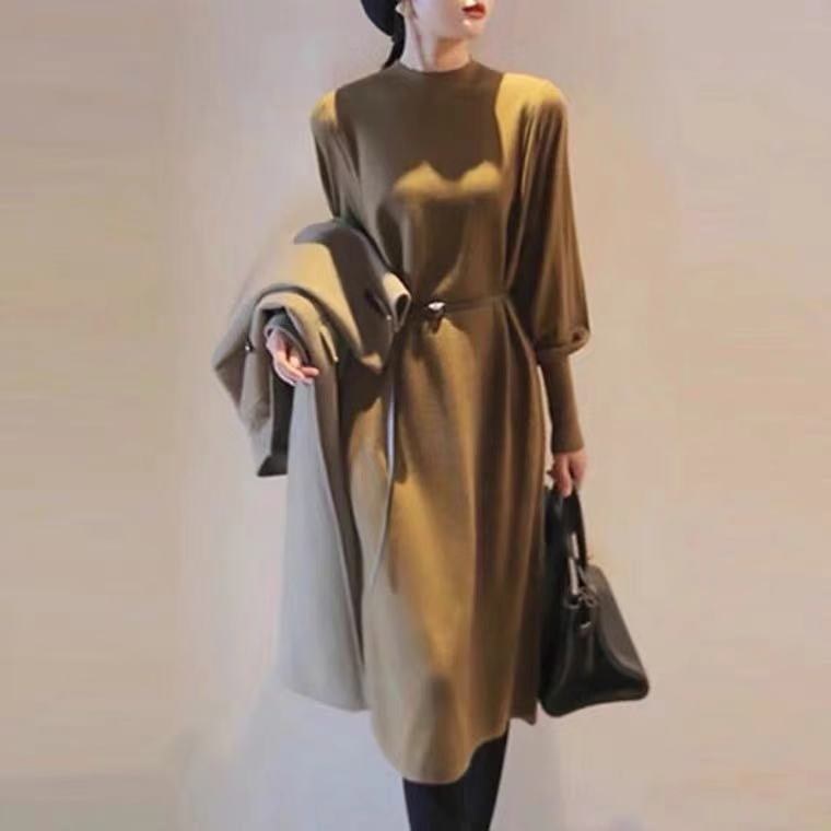 Anaya Elegant Dress with Long Sleeve and Belted in Olive Green