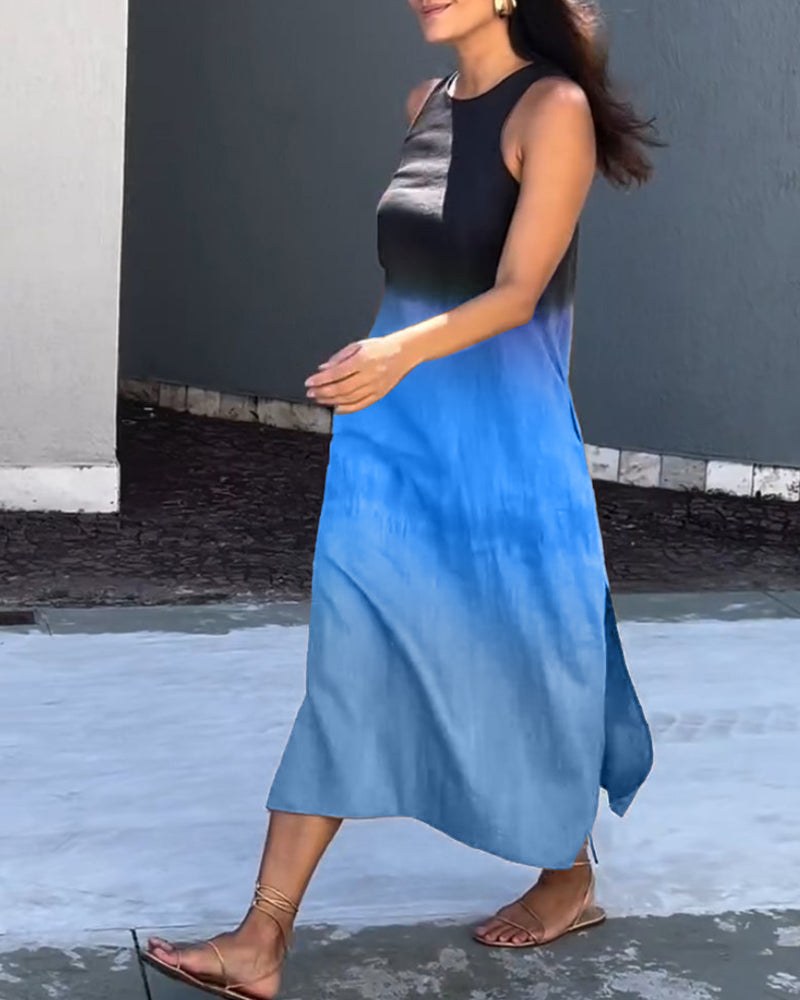 Anette Sleeveless Ombre Dress with Round Neck in Blue