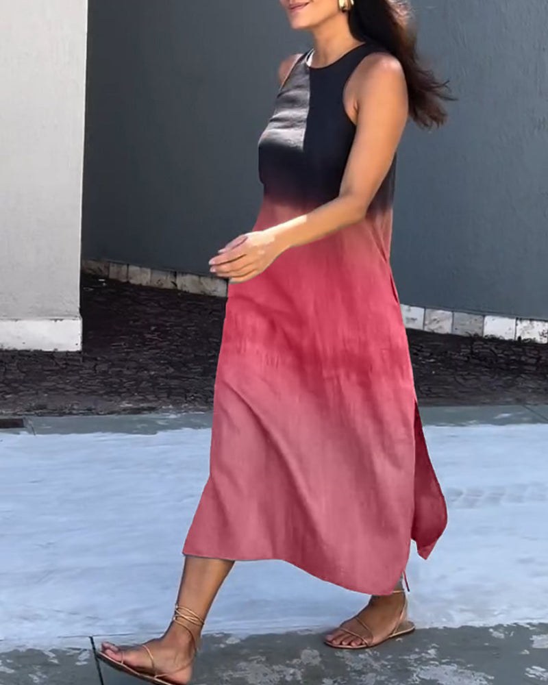 Anette Sleeveless Ombre Dress with Round Neck in Red