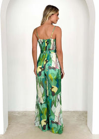 Annalise Chic Printed Suspender Strap Long Dress in Pink