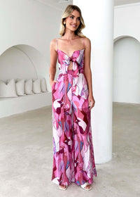 Annalise Chic Printed Suspender Strap Long Dress in Pink