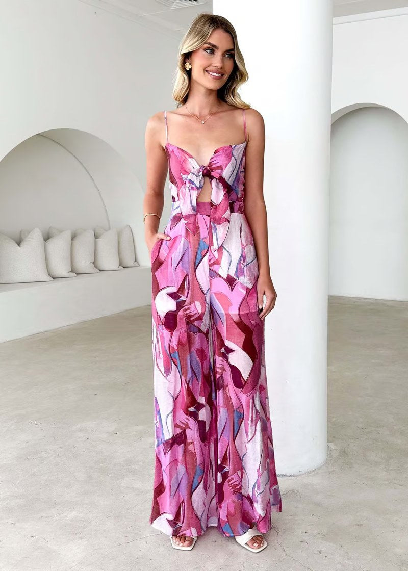 Annalise Chic Printed Suspender Strap Long Dress in Pink