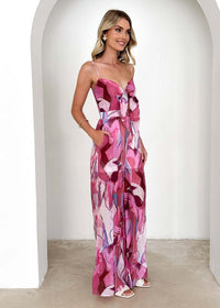 Annalise Chic Printed Suspender Strap Long Dress in Pink