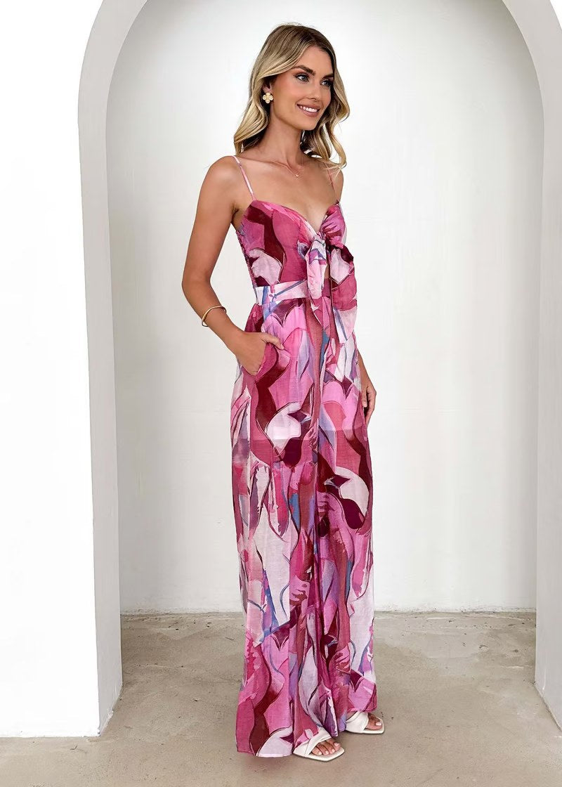 Annalise Chic Printed Suspender Strap Long Dress in Pink