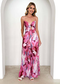 Annalise Chic Printed Suspender Strap Long Dress in Pink