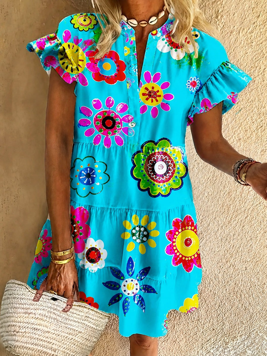 Anne Lightweight Flare Boho Chic Dress in Blue