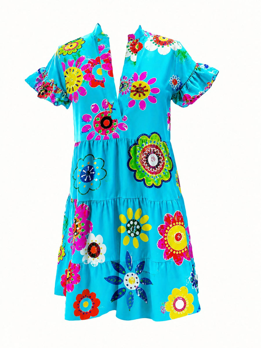 Anne Lightweight Flare Boho Chic Dress in Blue