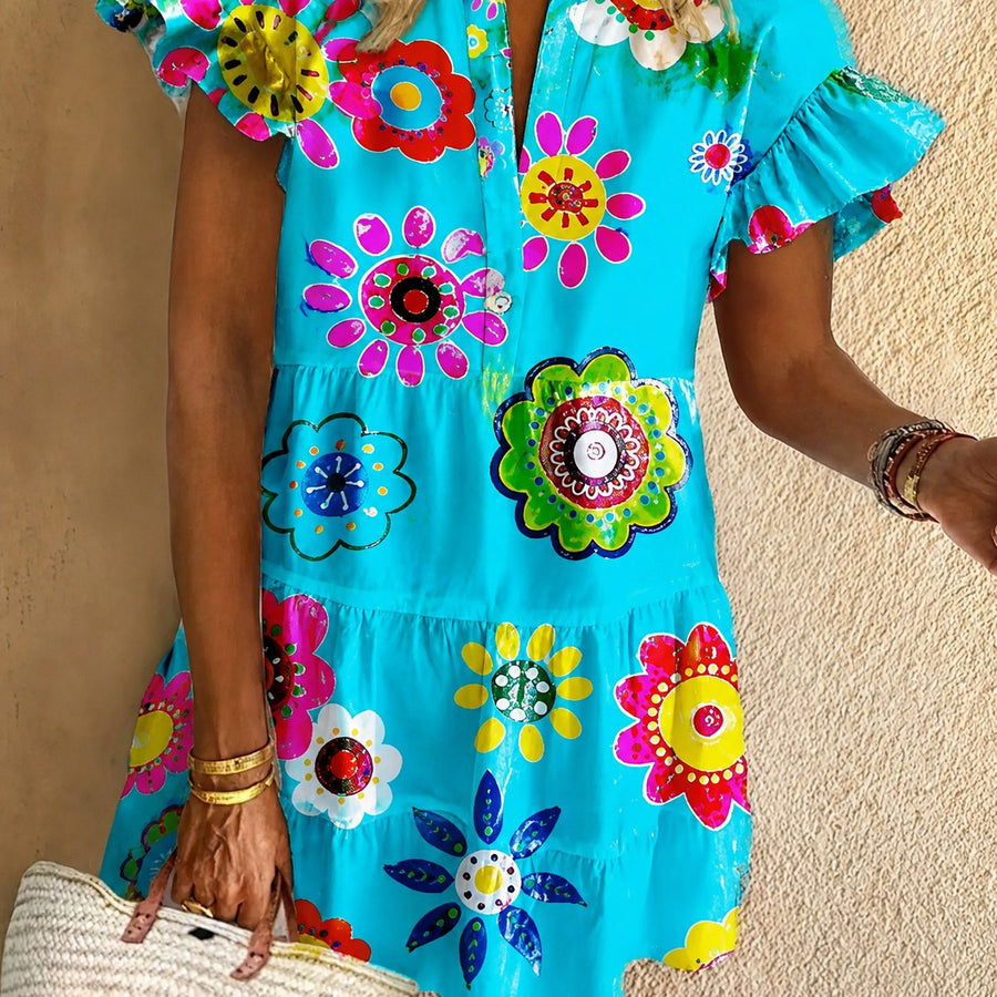 Anne Lightweight Flare Boho Chic Dress in Blue