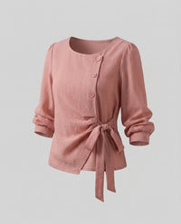 Annika Linen Blend Blouse with Button Front in Pink