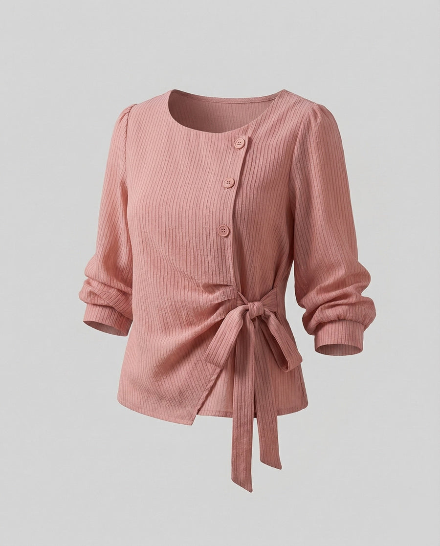 Annika Linen Blend Blouse with Button Front in Pink