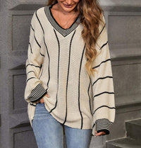 Anouk Elegant Knit Sweater with V-Neck in Beige