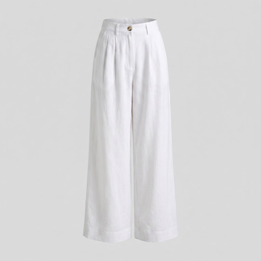 Anouk Linen Trousers with Elastic Waist and Pockets in White