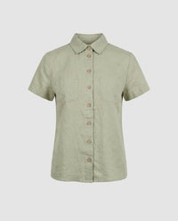 Antonia Casual Linen Blouse with Button Front and Chest Pocket in Bohnengrün
