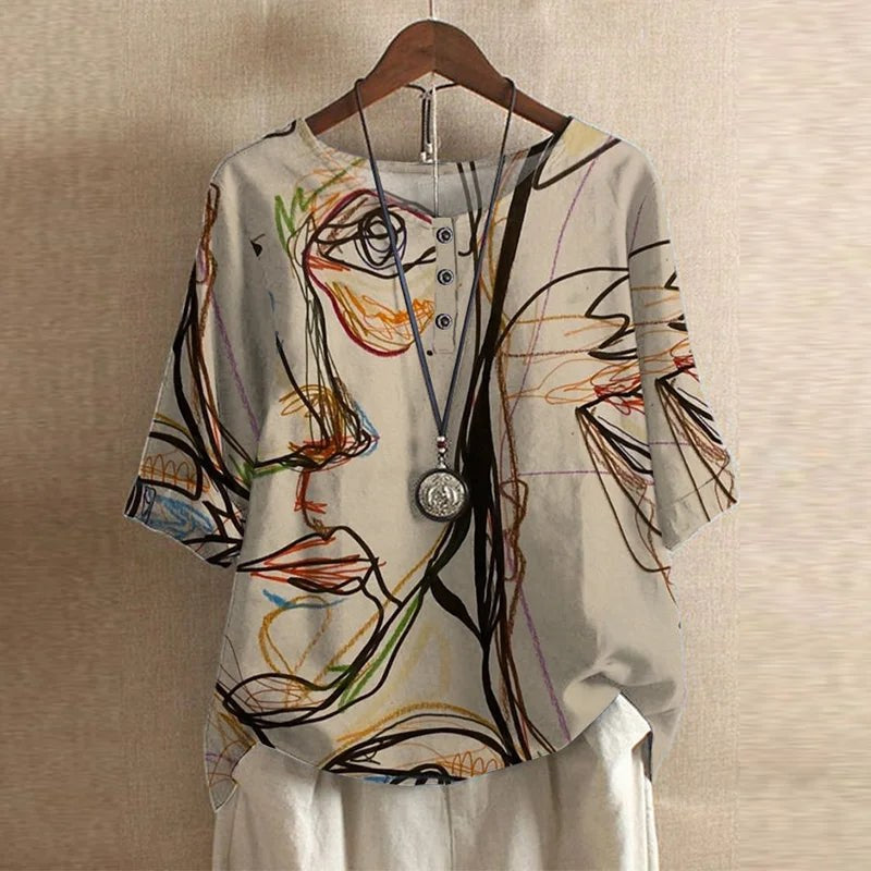 Anya Women's Boho Print Relaxed Half Sleeve Blouse in Beige