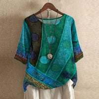 Anya Women's Boho Print Relaxed Half Sleeve Blouse in Blue/Green