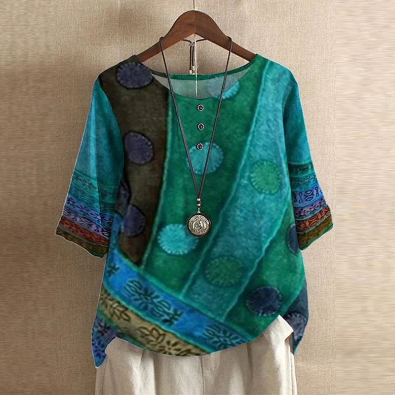 Anya Women's Boho Print Relaxed Half Sleeve Blouse in Blue/Green