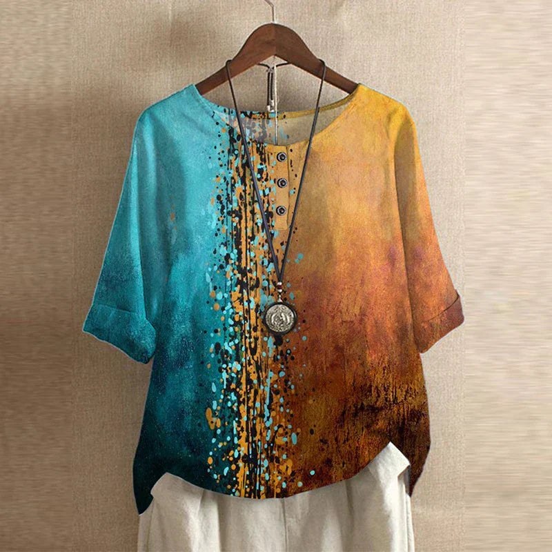Anya Women's Boho Print Relaxed Half Sleeve Blouse in Blue/Orange