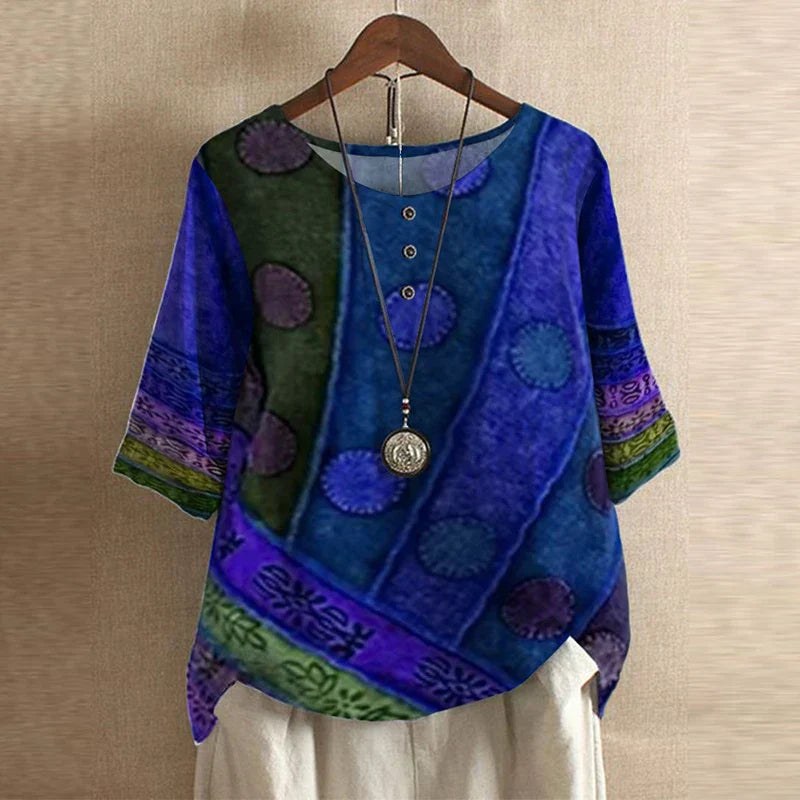 Anya Women's Boho Print Relaxed Half Sleeve Blouse in Blue/Violet